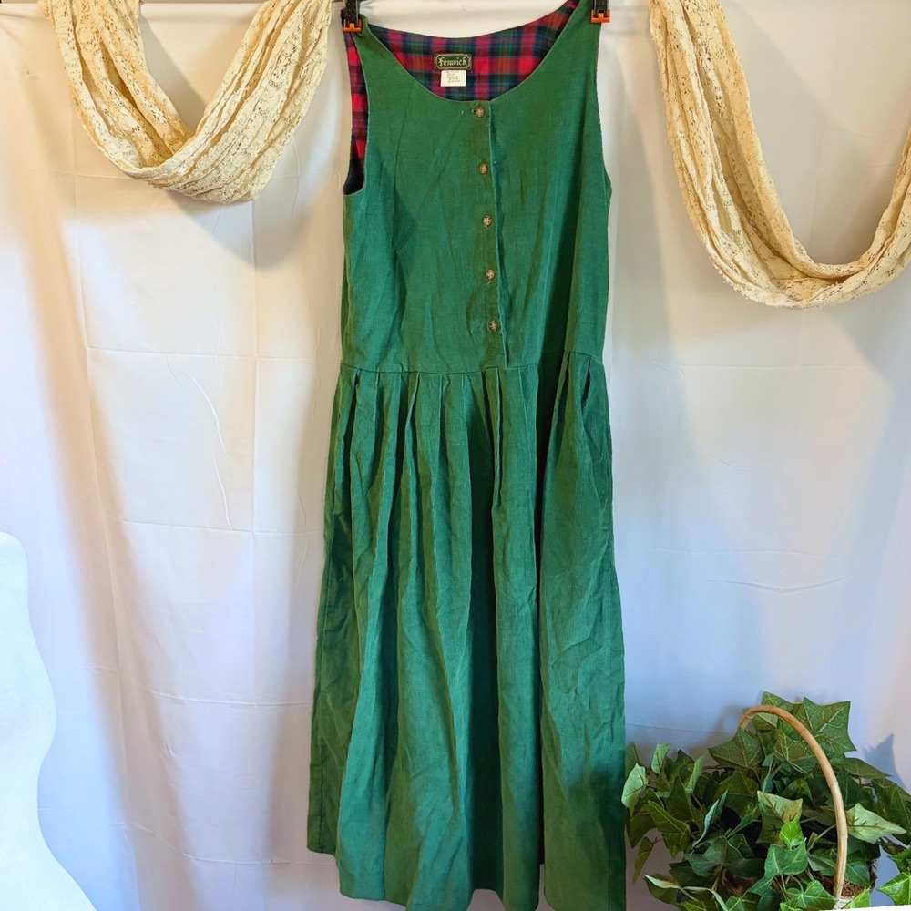 Vintage Picnic Fenwick Green Corduroy Jumper Dress Plaid Lined Button Front